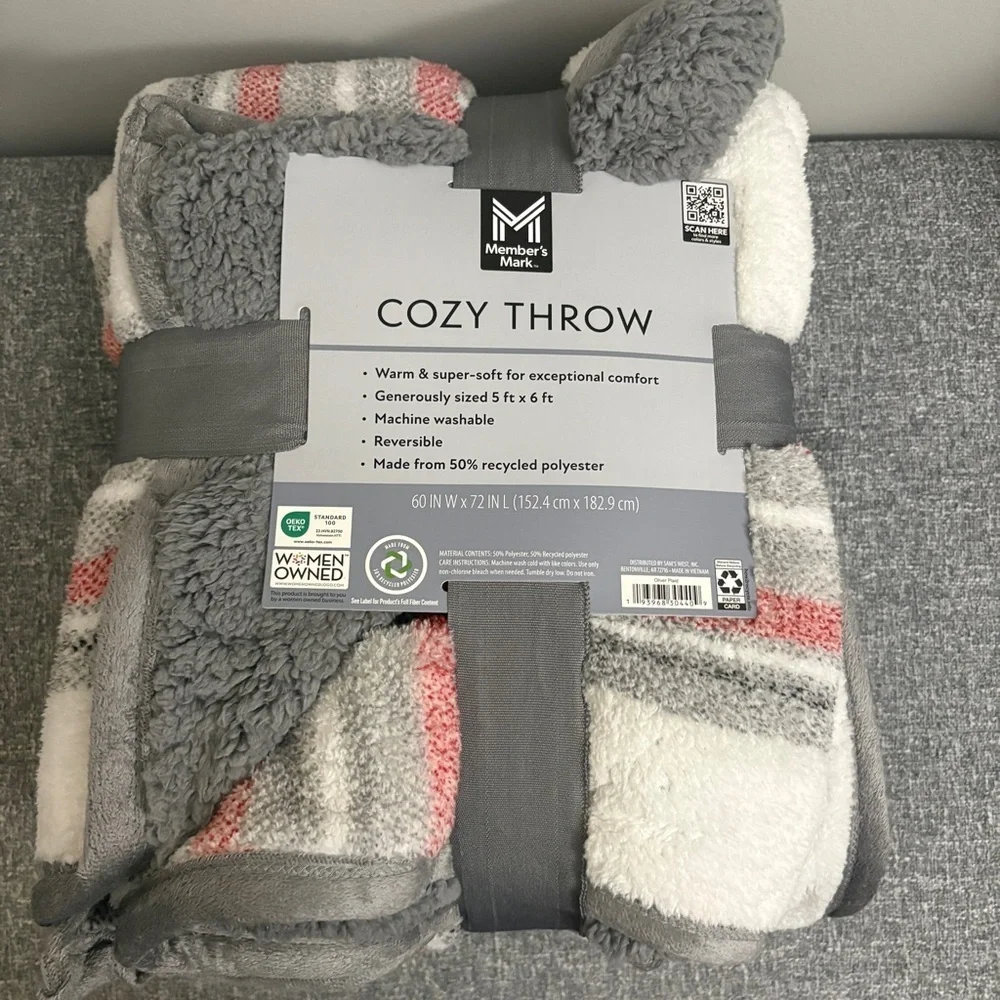 Member's Mark Cozy Throw Blanket - Gray, White, Pink